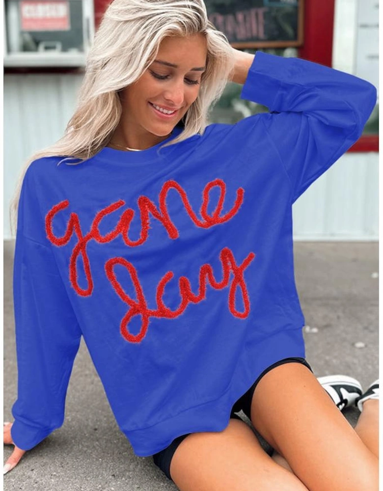 Dark Blue Tinsel Game Day Drop Shoulder Graphic Sweatshirt