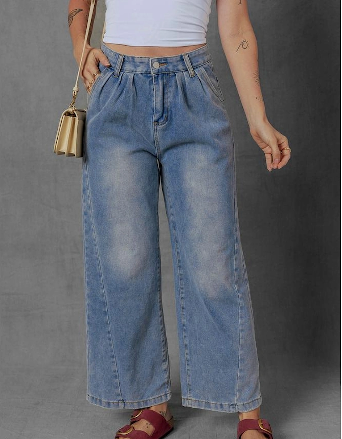 Ashleigh Blue Washed Pleated Detail Wide Leg Jeans