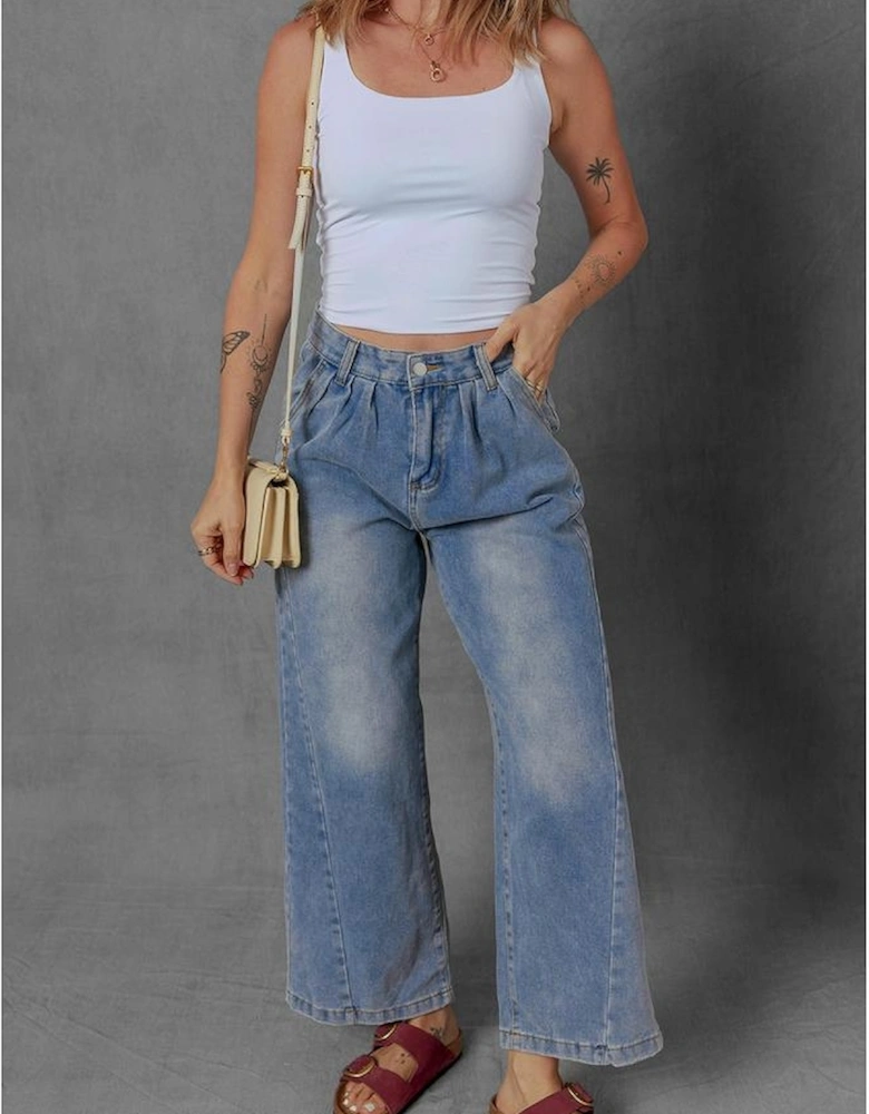 Ashleigh Blue Washed Pleated Detail Wide Leg Jeans