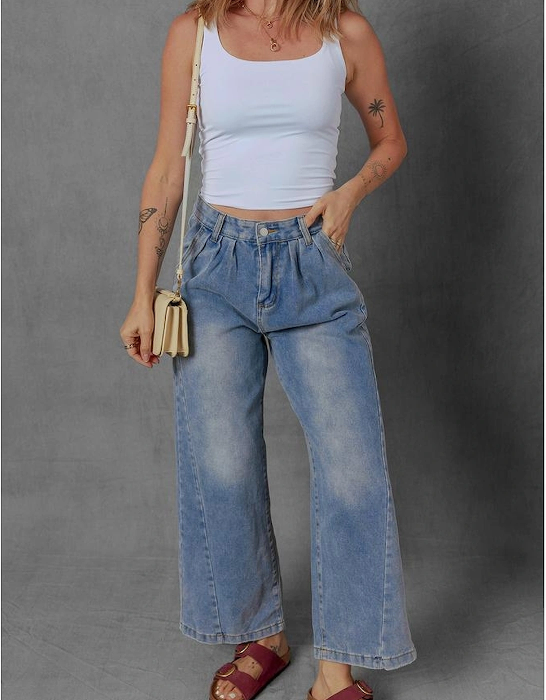 Ashleigh Blue Washed Pleated Detail Wide Leg Jeans