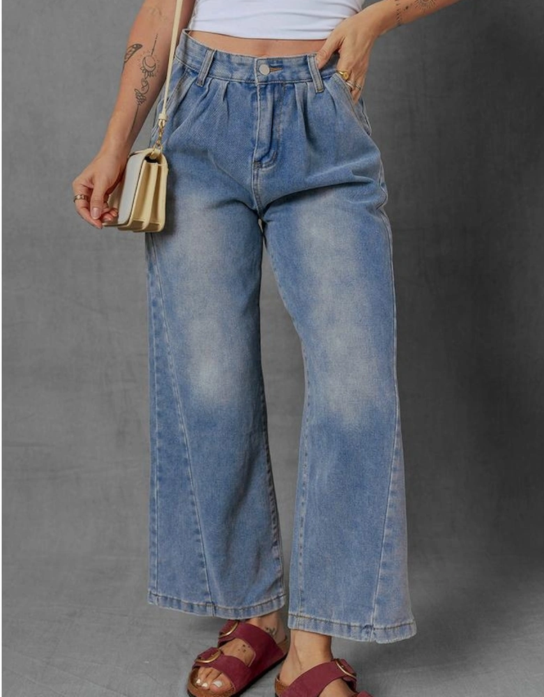 Ashleigh Blue Washed Pleated Detail Wide Leg Jeans