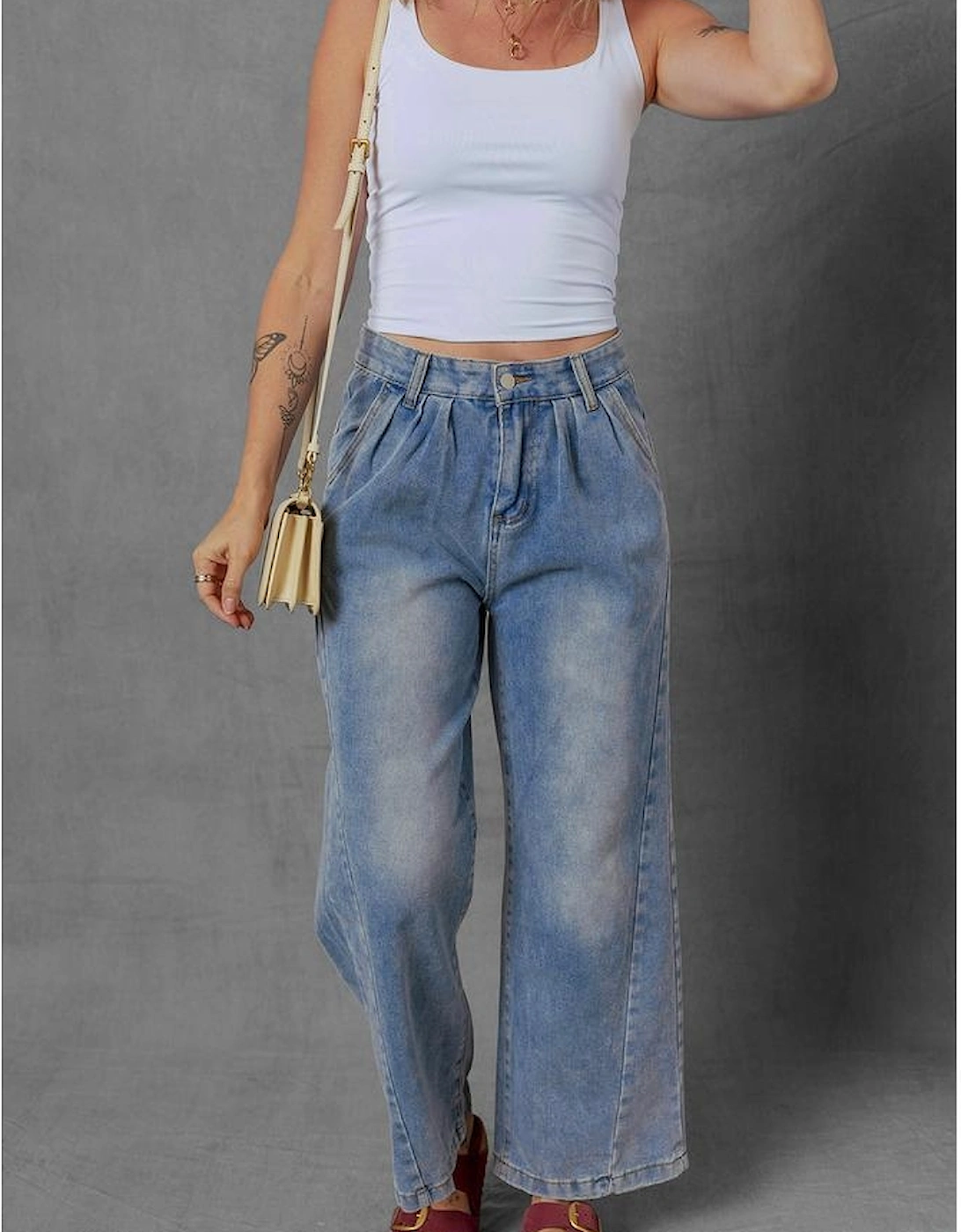 Ashleigh Blue Washed Pleated Detail Wide Leg Jeans
