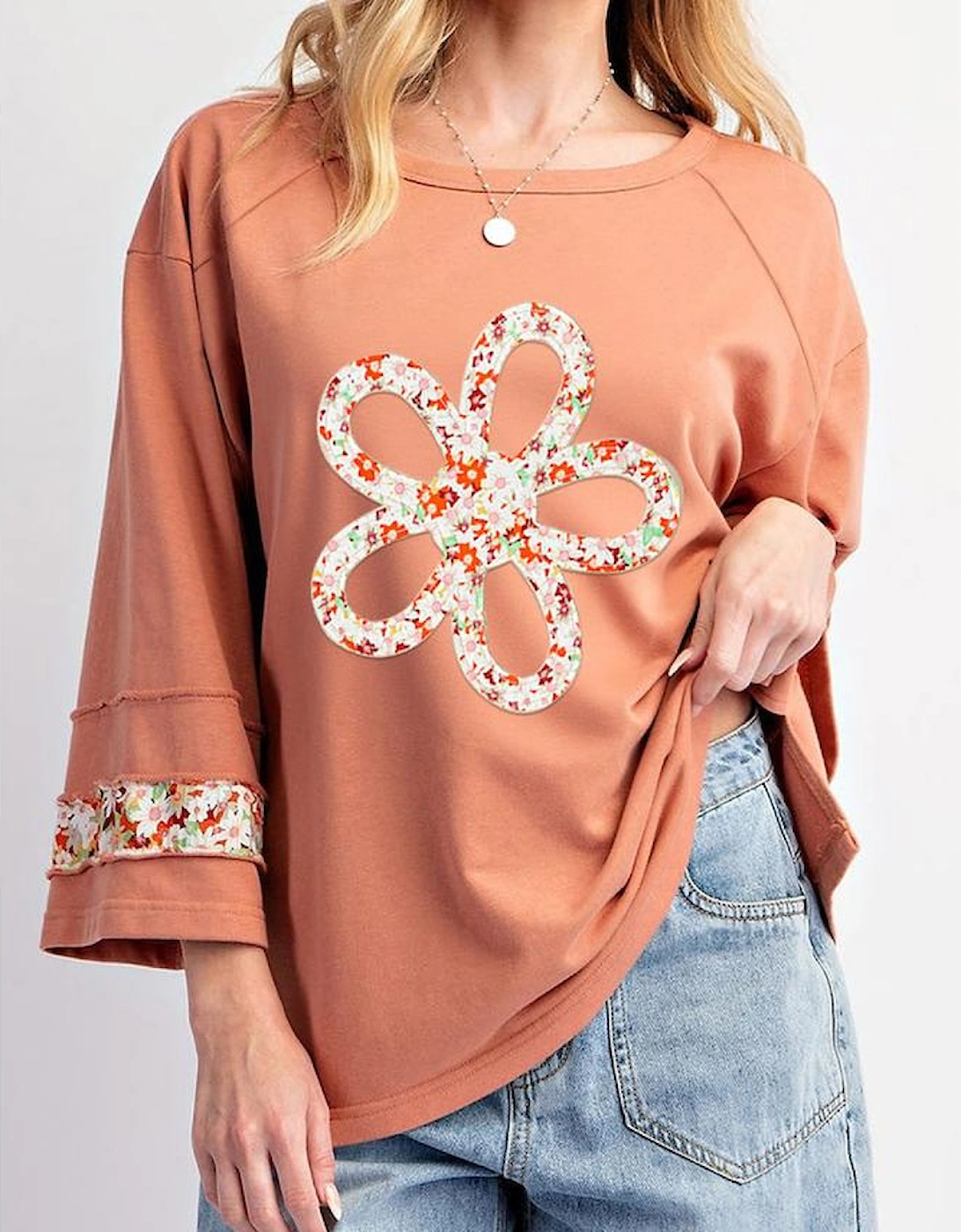 Grapefruit Orange Flower Patch Graphic Exposed Seam Wide Sleeve Top