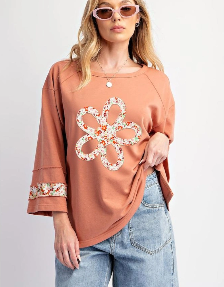 Grapefruit Orange Flower Patch Graphic Exposed Seam Wide Sleeve Top