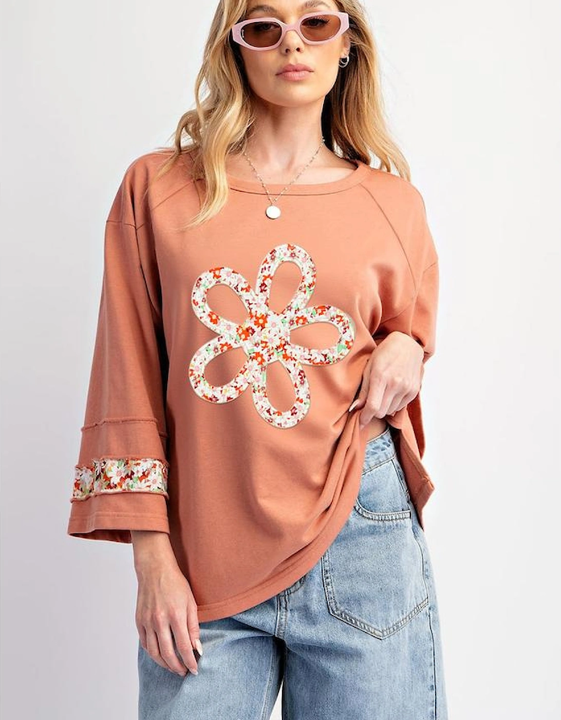 Grapefruit Orange Flower Patch Graphic Exposed Seam Wide Sleeve Top