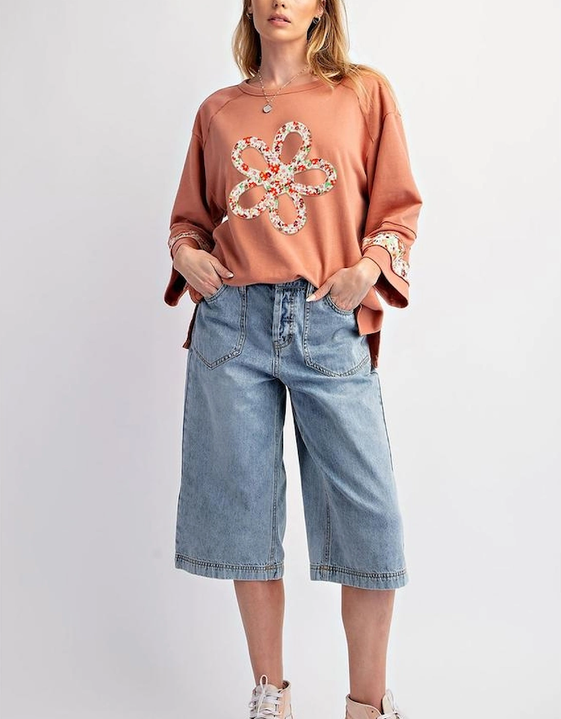 Grapefruit Orange Flower Patch Graphic Exposed Seam Wide Sleeve Top