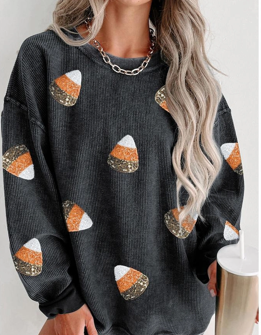 Black Sequin Candy Corn Patched Corded Halloween Sweatshirt, 3 of 2