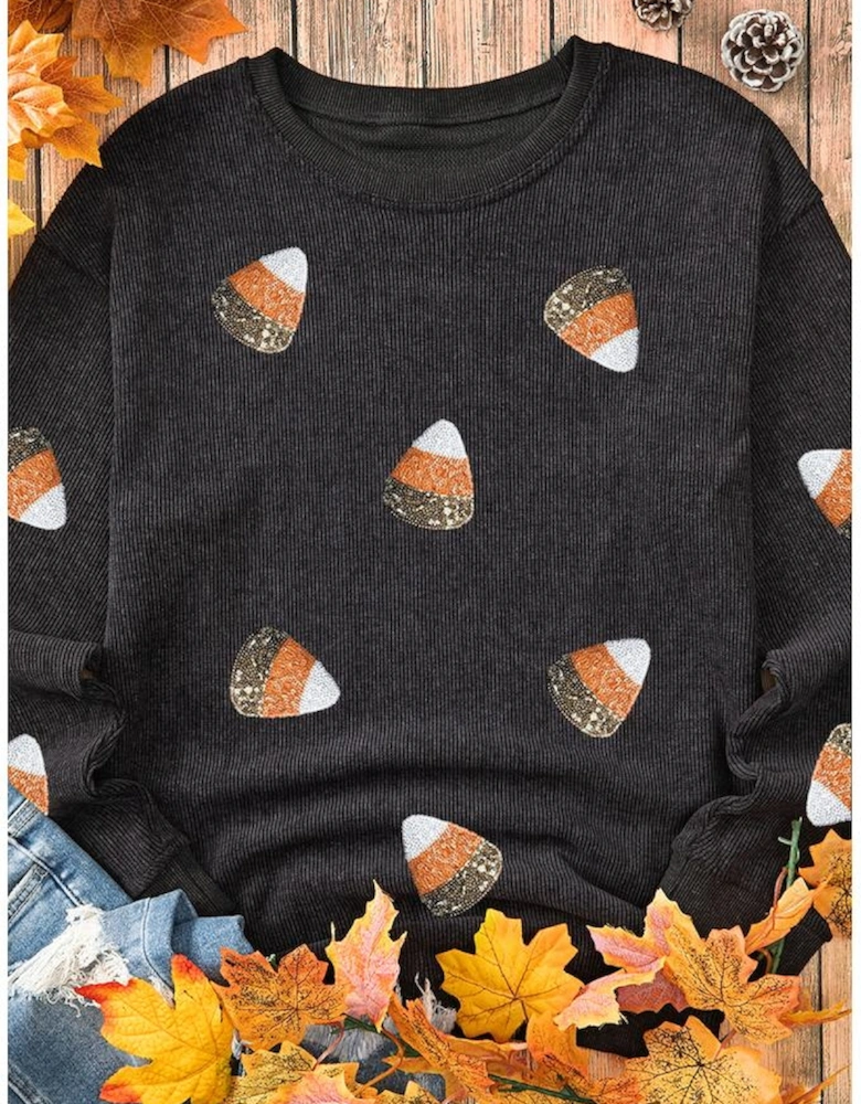 Black Sequin Candy Corn Patched Corded Halloween Sweatshirt