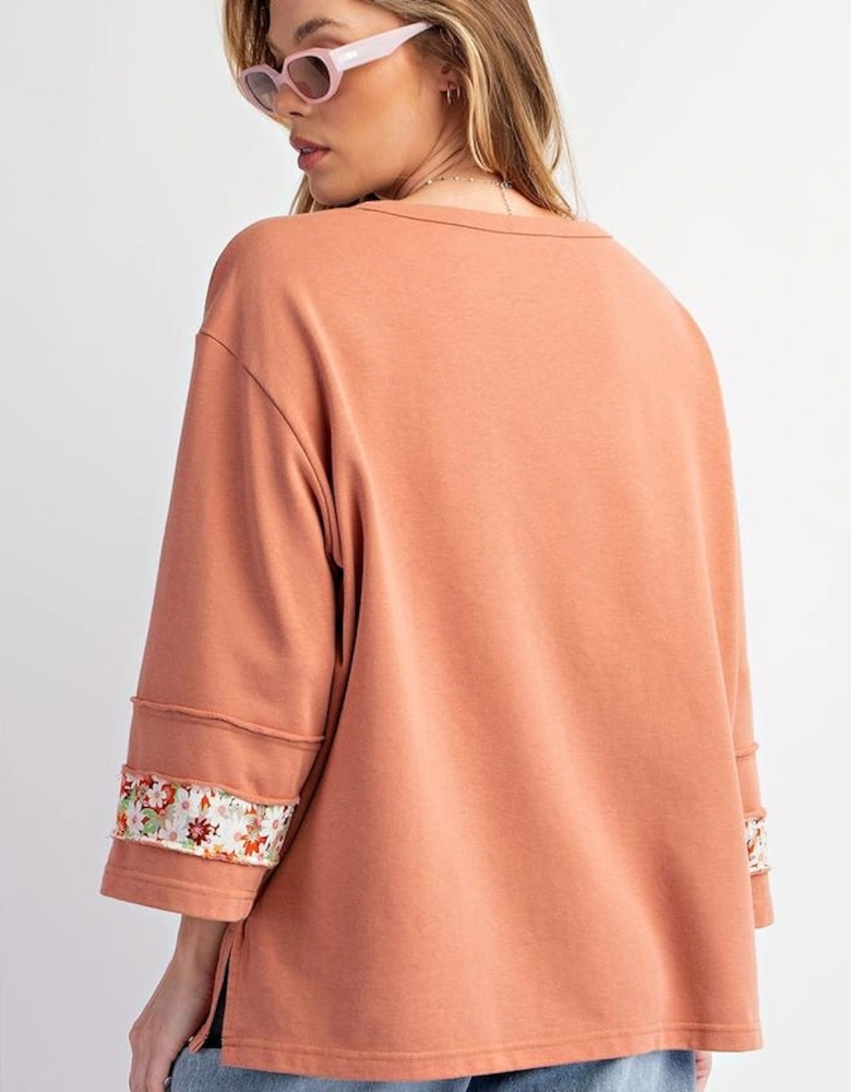 Grapefruit Orange Flower Patch Graphic Exposed Seam Wide Sleeve Top