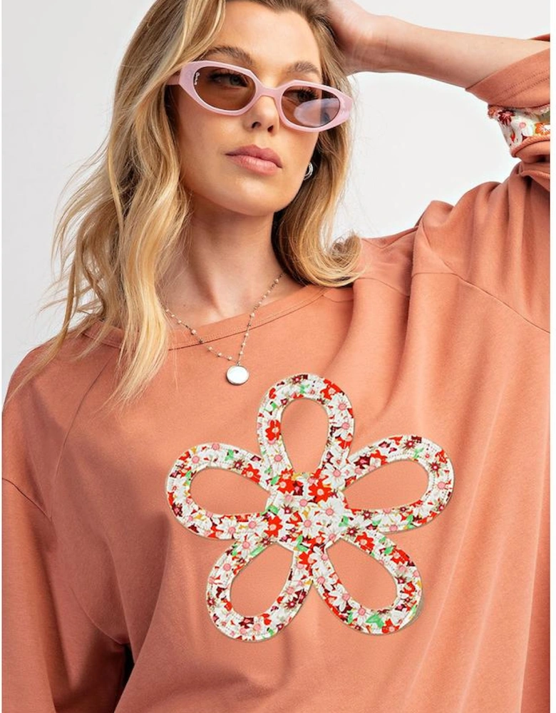 Grapefruit Orange Flower Patch Graphic Exposed Seam Wide Sleeve Top