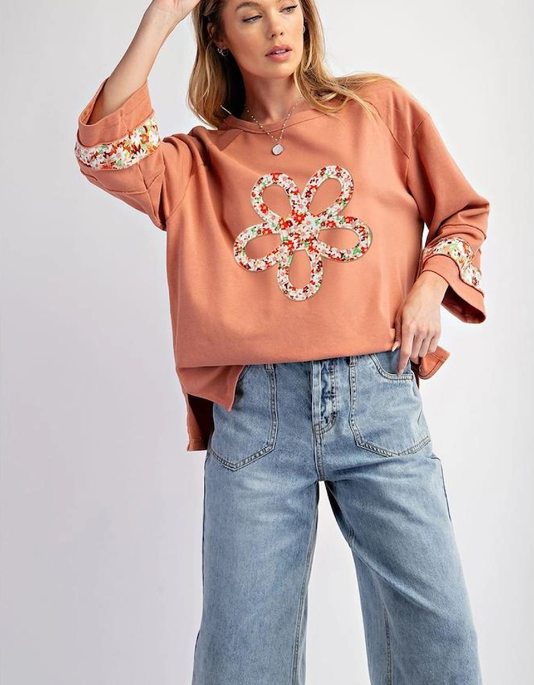 Grapefruit Orange Flower Patch Graphic Exposed Seam Wide Sleeve Top