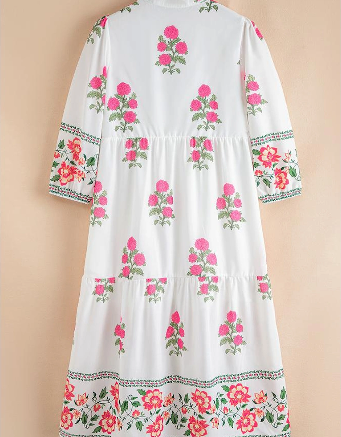 White Floral Print Half Button Mandarin Neck 3/4 Sleeve Maxi Dress