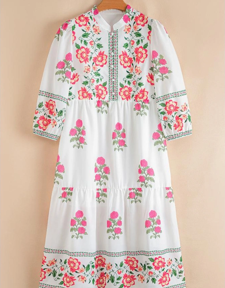 White Floral Print Half Button Mandarin Neck 3/4 Sleeve Maxi Dress