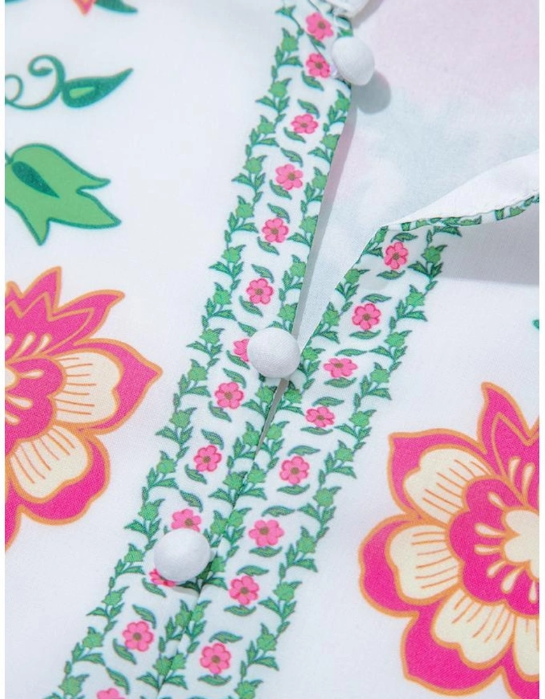 White Floral Print Half Button Mandarin Neck 3/4 Sleeve Maxi Dress