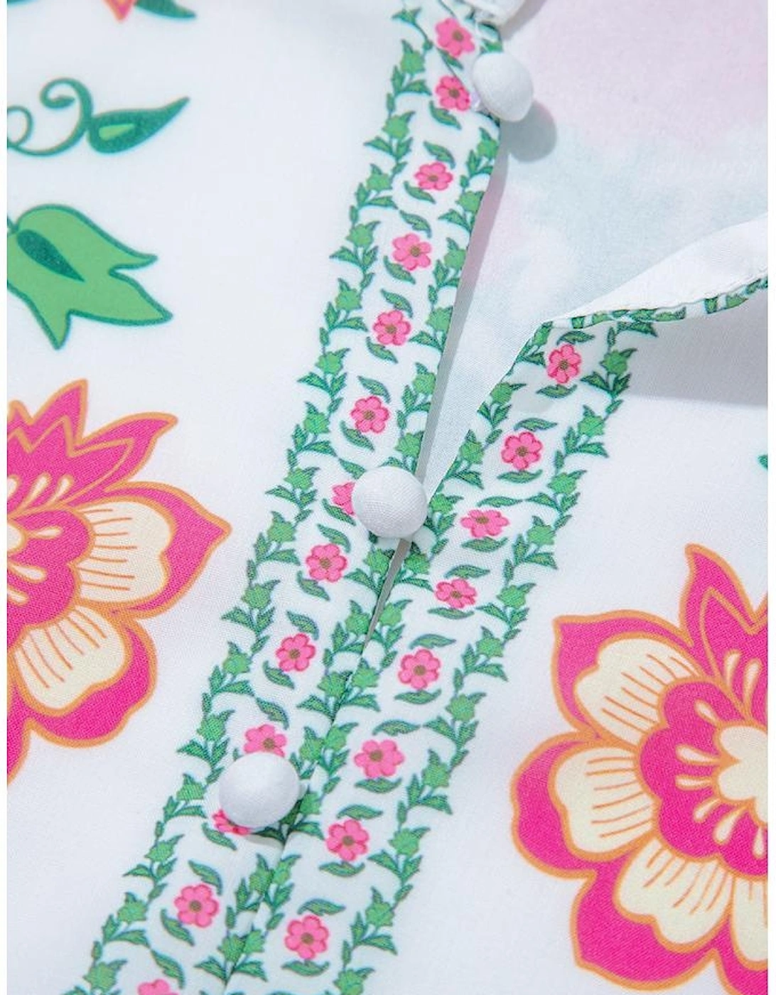 White Floral Print Half Button Mandarin Neck 3/4 Sleeve Maxi Dress