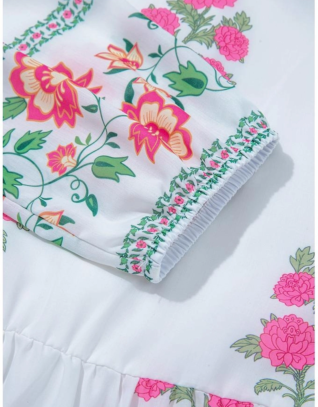 White Floral Print Half Button Mandarin Neck 3/4 Sleeve Maxi Dress