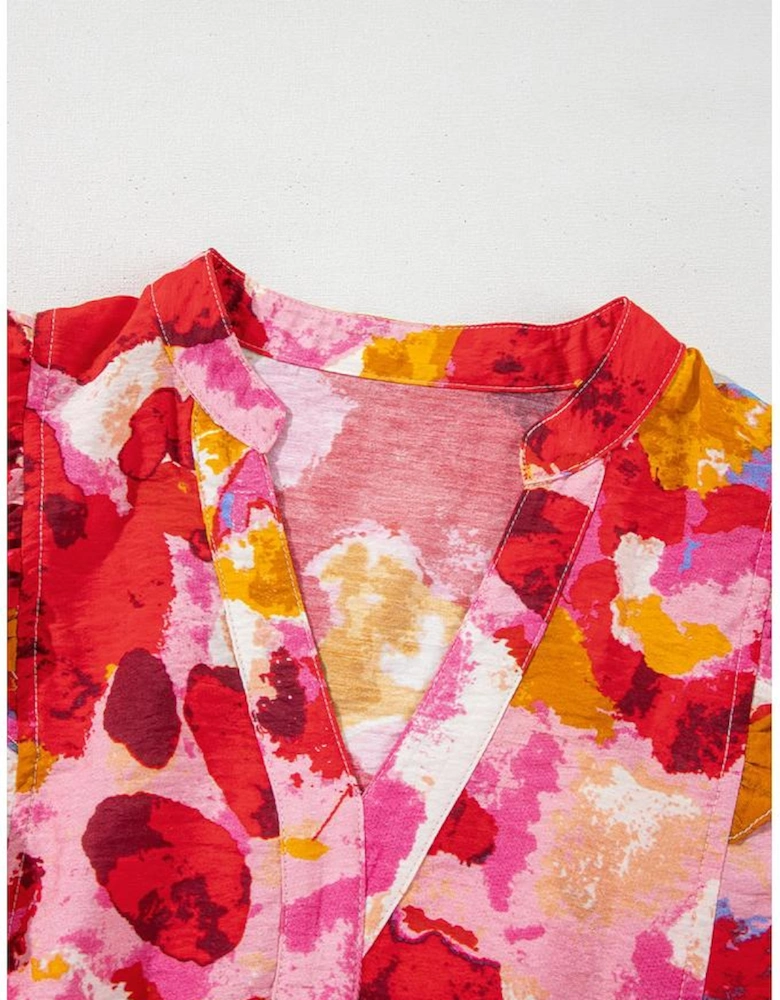 Red Abstract Print Split V Neck Ruffle Short Sleeve Blouse