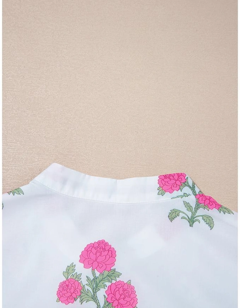 White Floral Print Half Button Mandarin Neck 3/4 Sleeve Maxi Dress