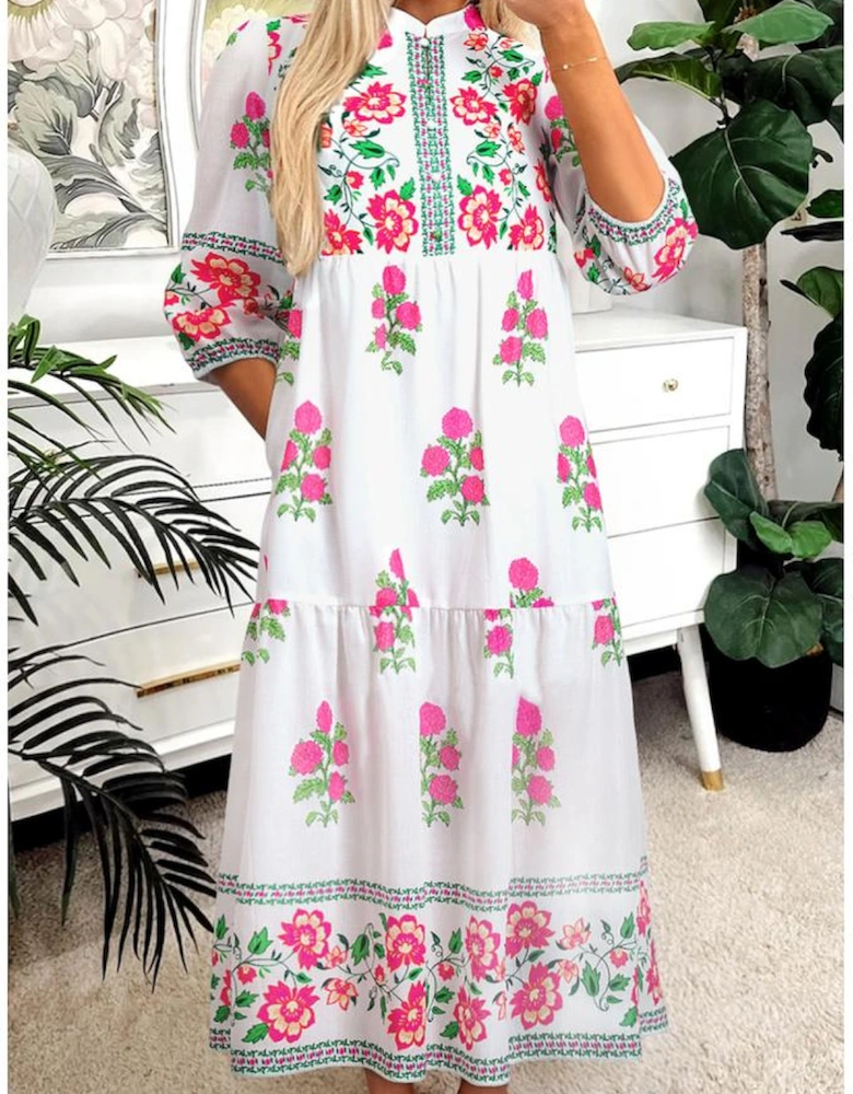 White Floral Print Half Button Mandarin Neck 3/4 Sleeve Maxi Dress