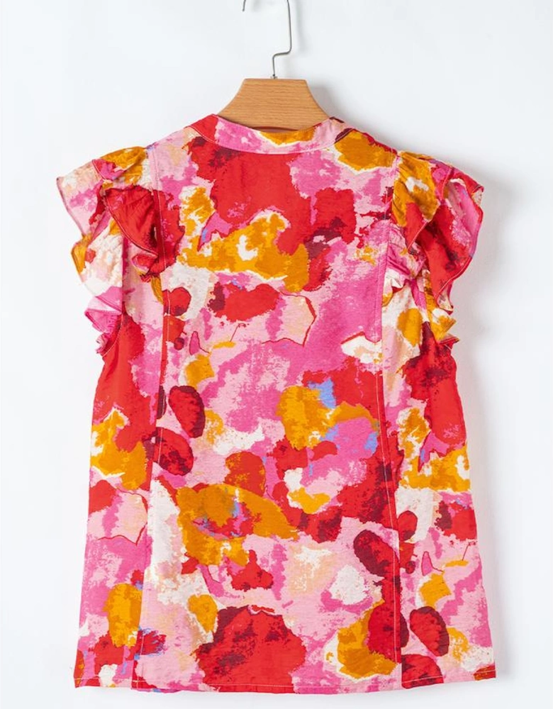 Red Abstract Print Split V Neck Ruffle Short Sleeve Blouse