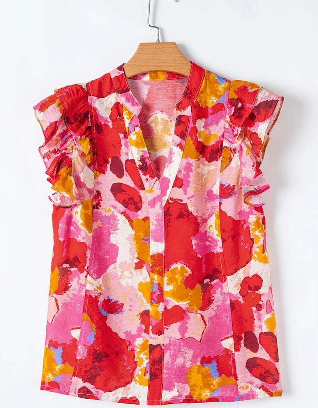 Red Abstract Print Split V Neck Ruffle Short Sleeve Blouse