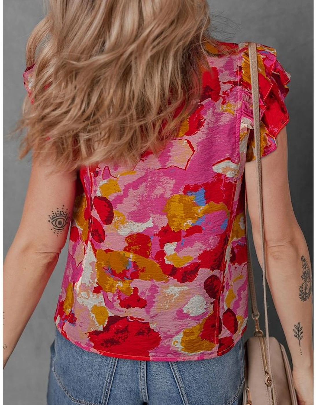 Red Abstract Print Split V Neck Ruffle Short Sleeve Blouse, 10 of 9