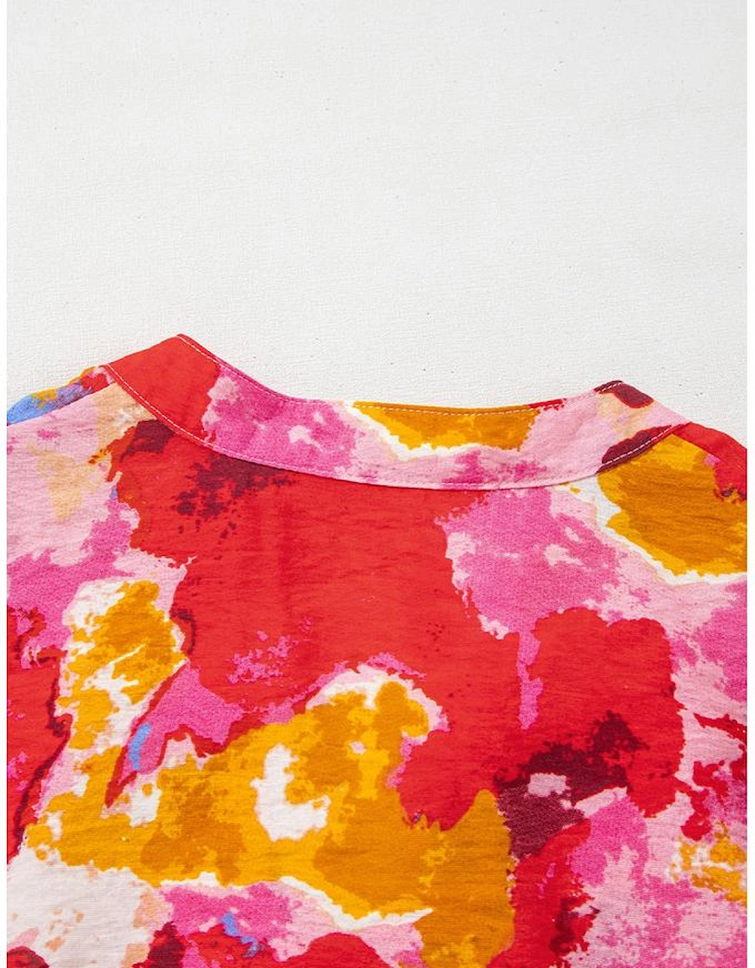 Red Abstract Print Split V Neck Ruffle Short Sleeve Blouse