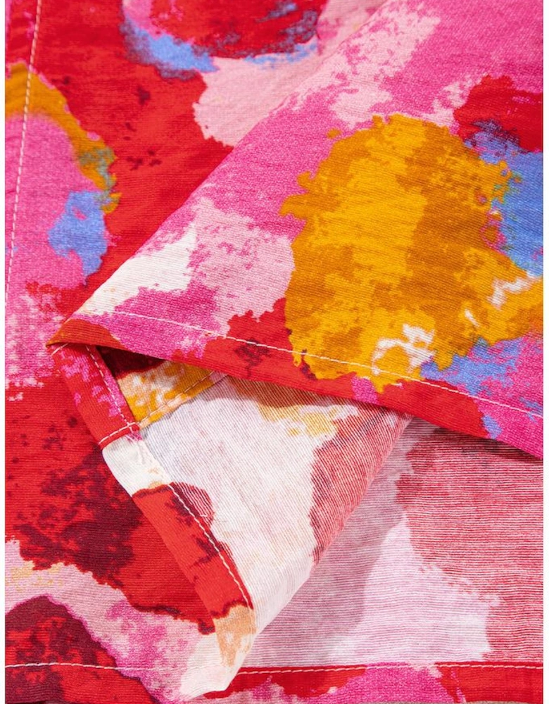 Red Abstract Print Split V Neck Ruffle Short Sleeve Blouse