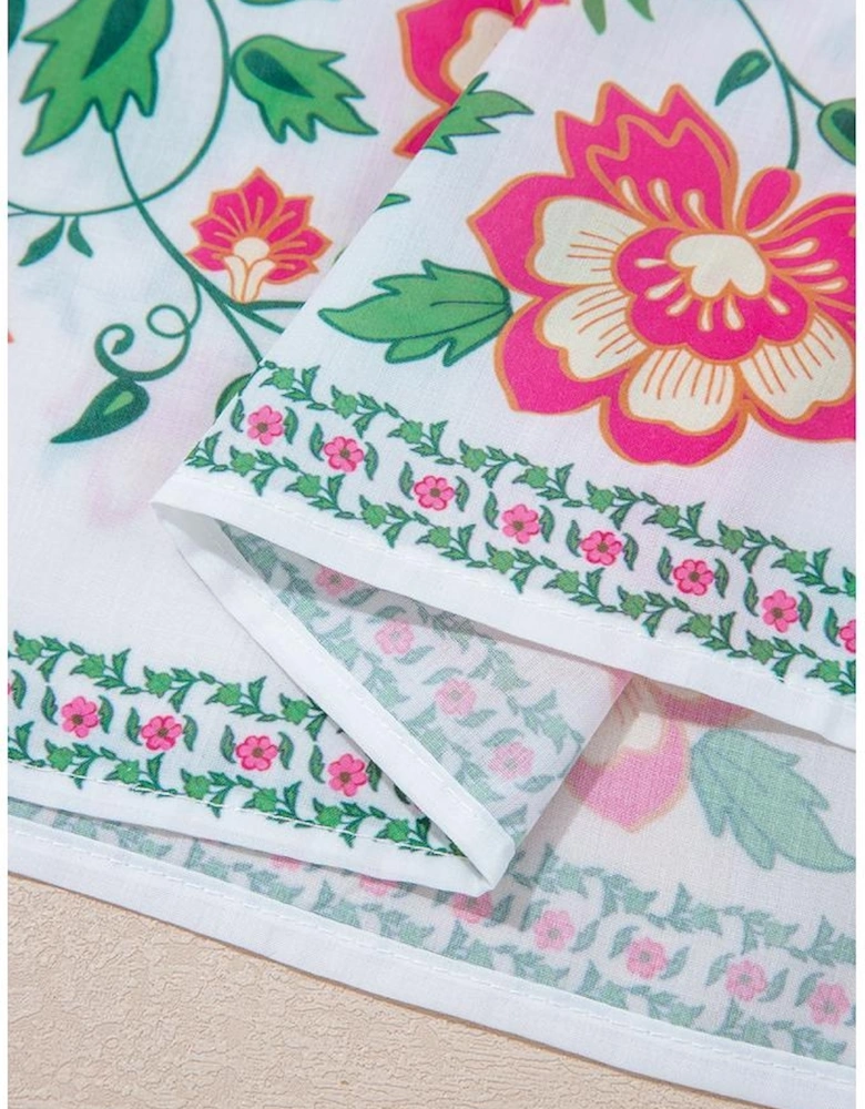 White Floral Print Half Button Mandarin Neck 3/4 Sleeve Maxi Dress