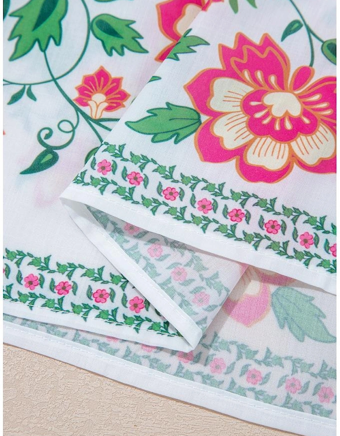 White Floral Print Half Button Mandarin Neck 3/4 Sleeve Maxi Dress