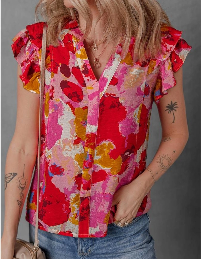 Red Abstract Print Split V Neck Ruffle Short Sleeve Blouse