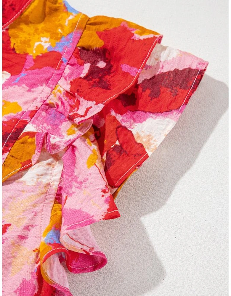 Red Abstract Print Split V Neck Ruffle Short Sleeve Blouse