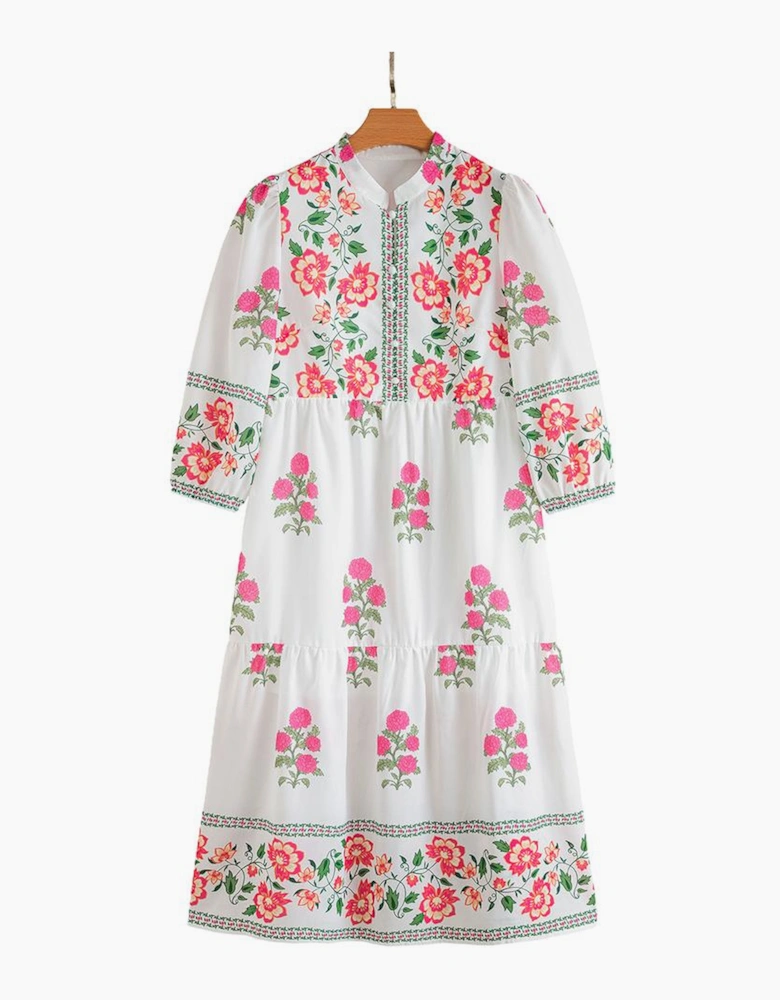 White Floral Print Half Button Mandarin Neck 3/4 Sleeve Maxi Dress