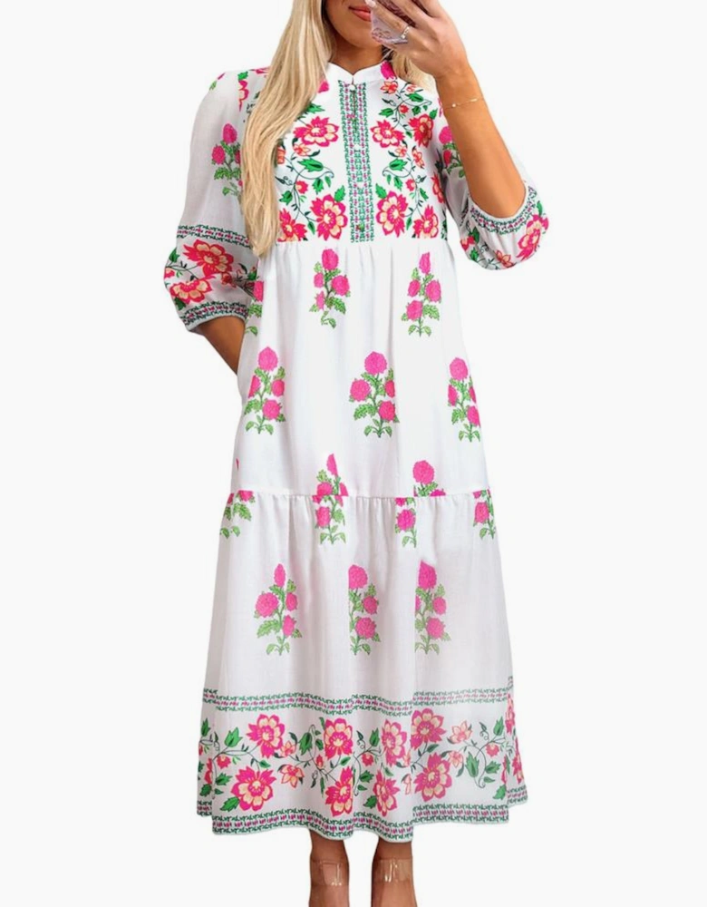 White Floral Print Half Button Mandarin Neck 3/4 Sleeve Maxi Dress