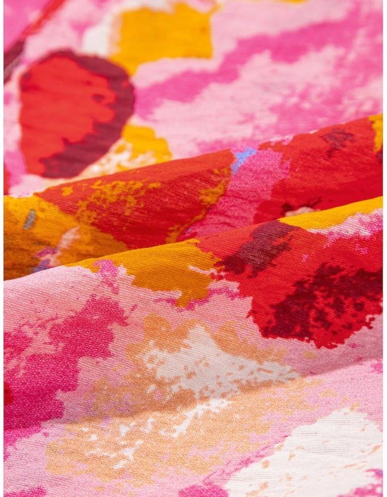 Red Abstract Print Split V Neck Ruffle Short Sleeve Blouse