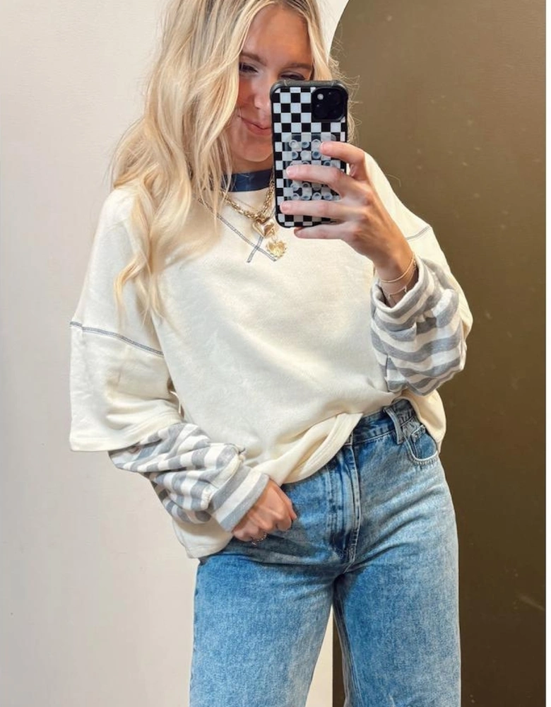 Beige Striped Patchwork Long Sleeve Round Neck Two-in-one Top