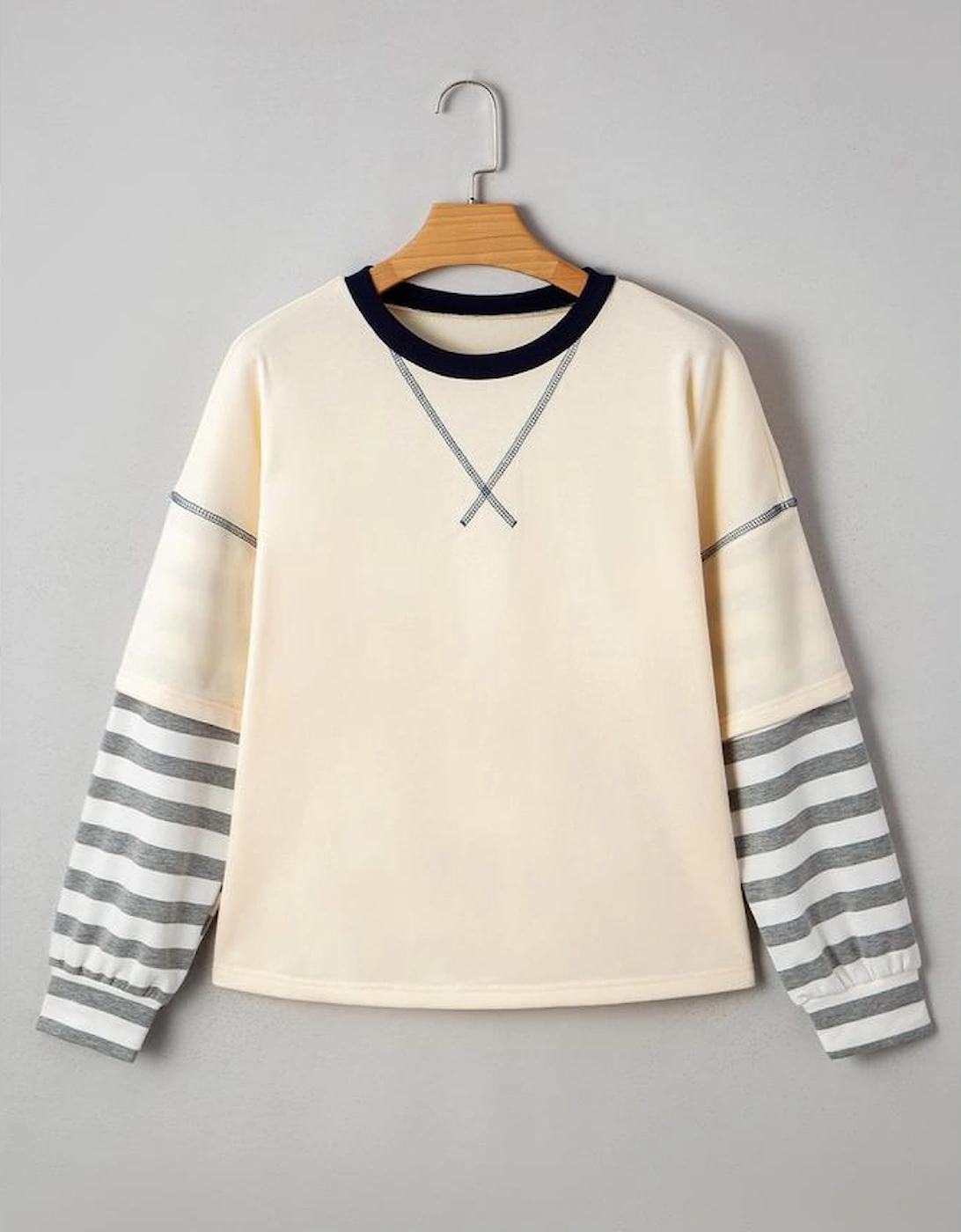 Beige Striped Patchwork Long Sleeve Round Neck Two-in-one Top