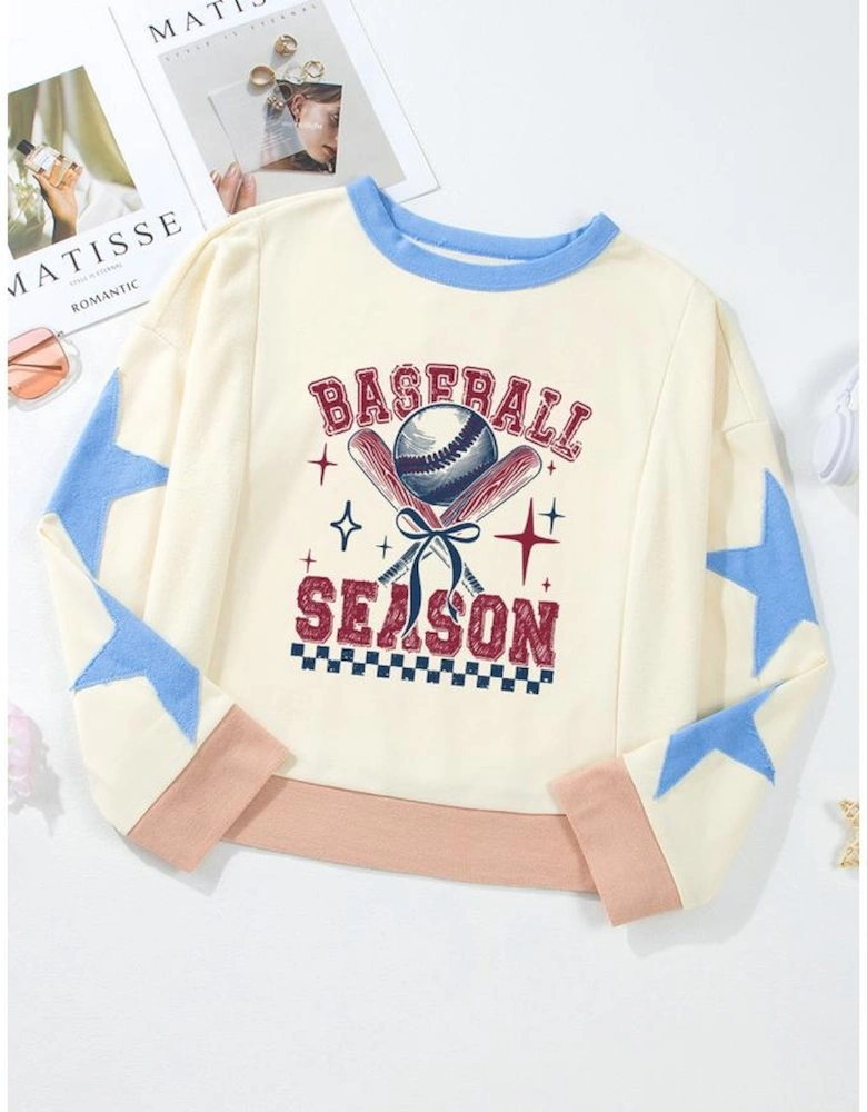 Beige BASEBALL SEASON Graphic Star Patched Game Day Sweatshirt
