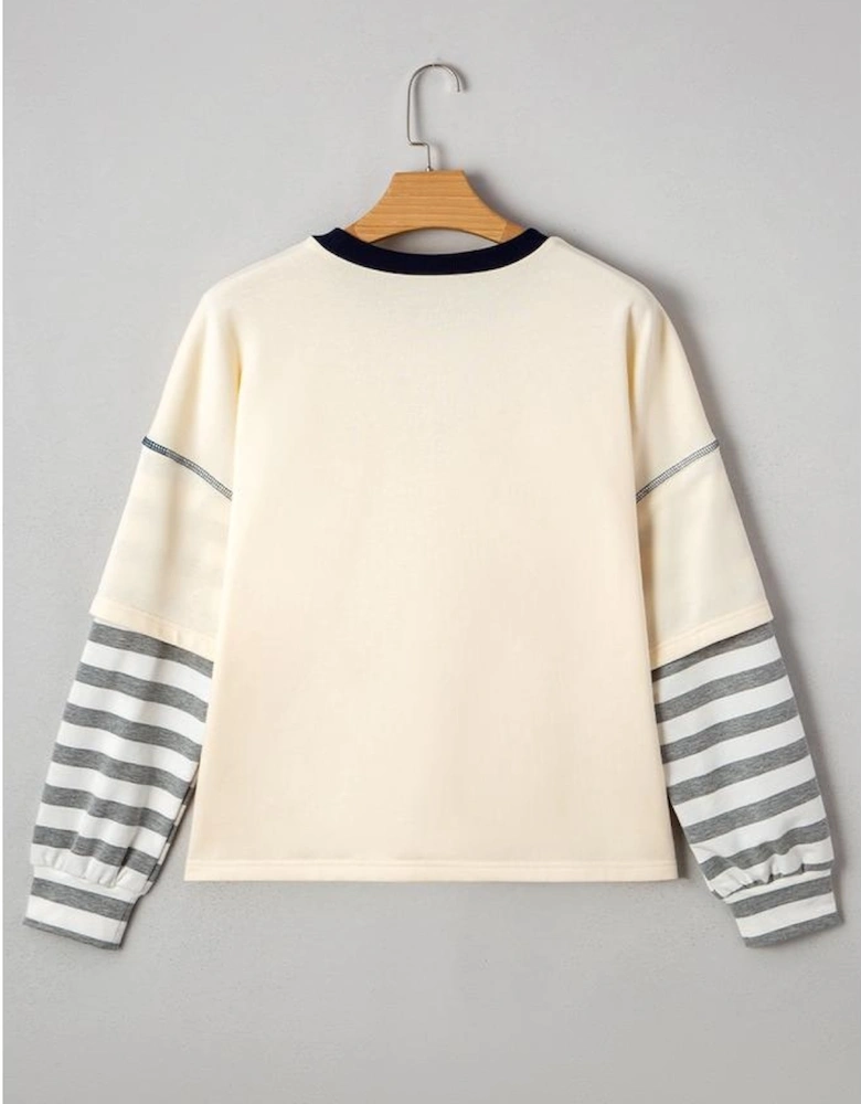 Beige Striped Patchwork Long Sleeve Round Neck Two-in-one Top