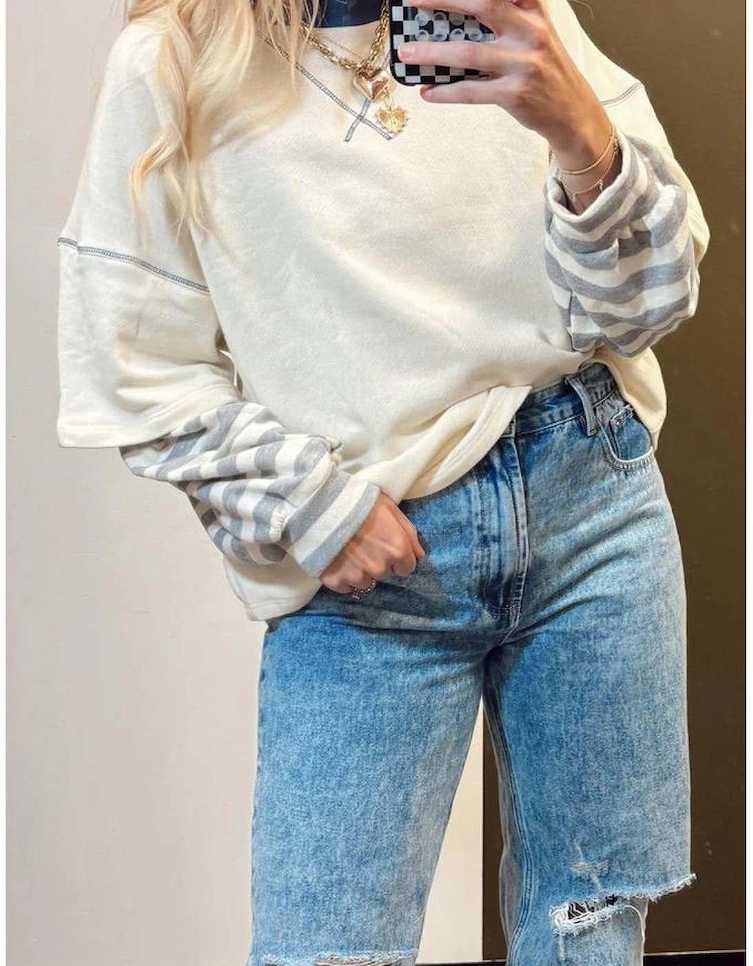 Beige Striped Patchwork Long Sleeve Round Neck Two-in-one Top