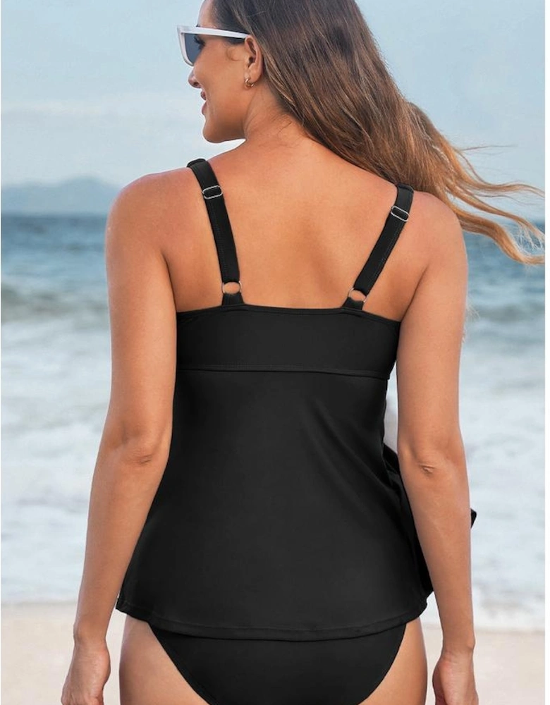 Black Crossed V Neck Adjustable Strap Babydoll Tankini Top