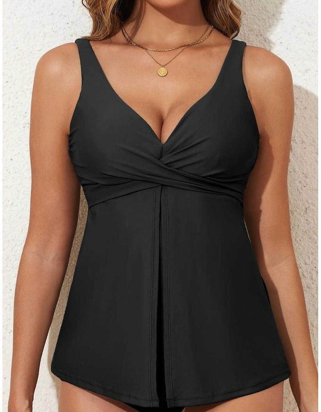 Black Crossed V Neck Adjustable Strap Babydoll Tankini Top