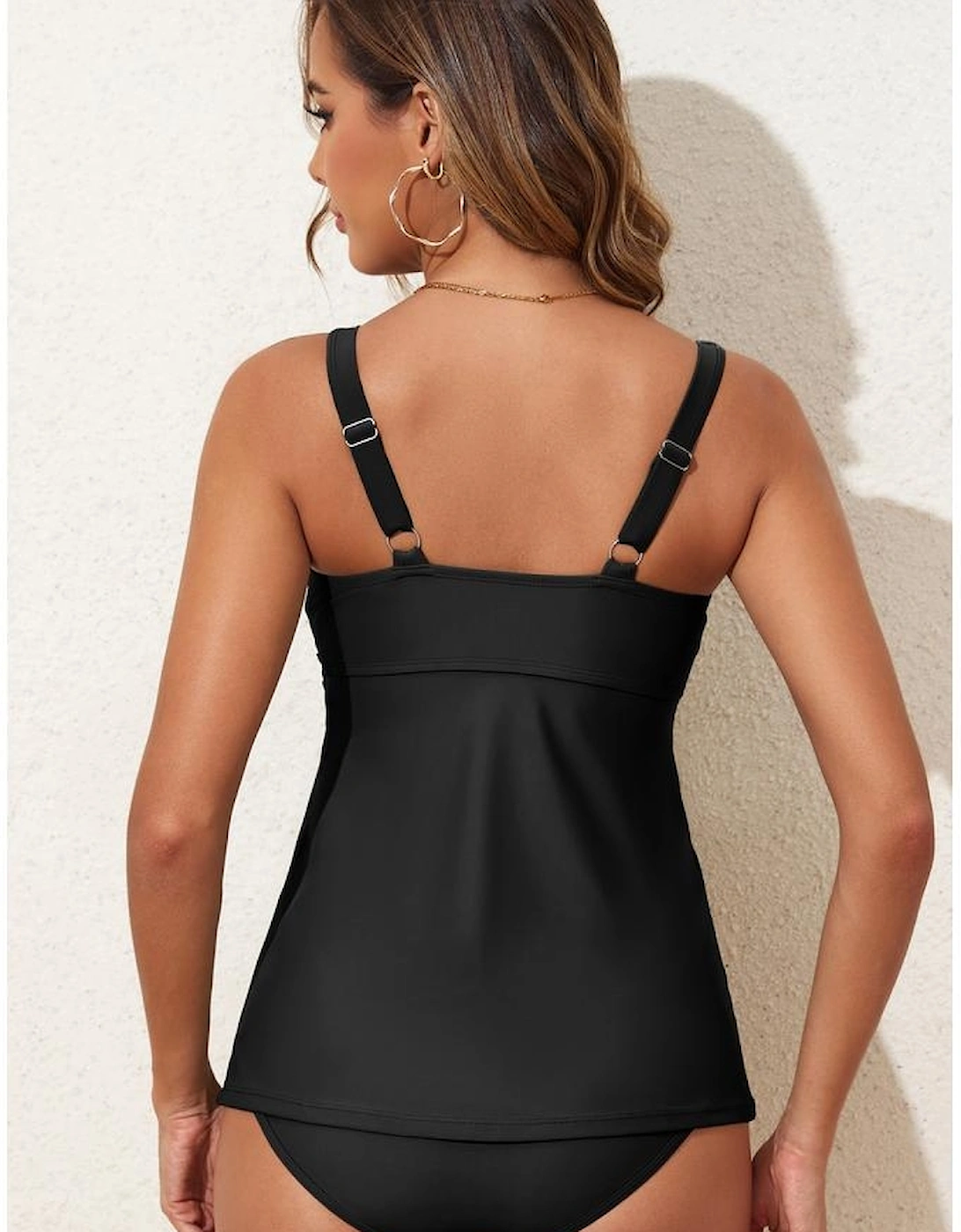 Black Crossed V Neck Adjustable Strap Babydoll Tankini Top