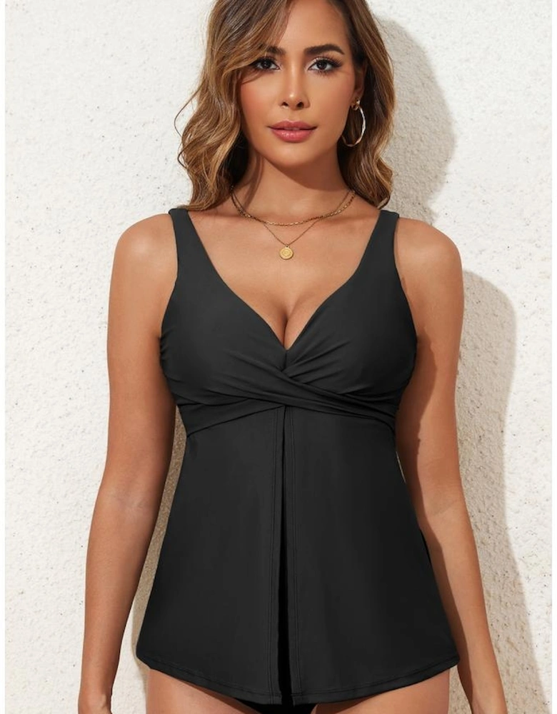 Black Crossed V Neck Adjustable Strap Babydoll Tankini Top