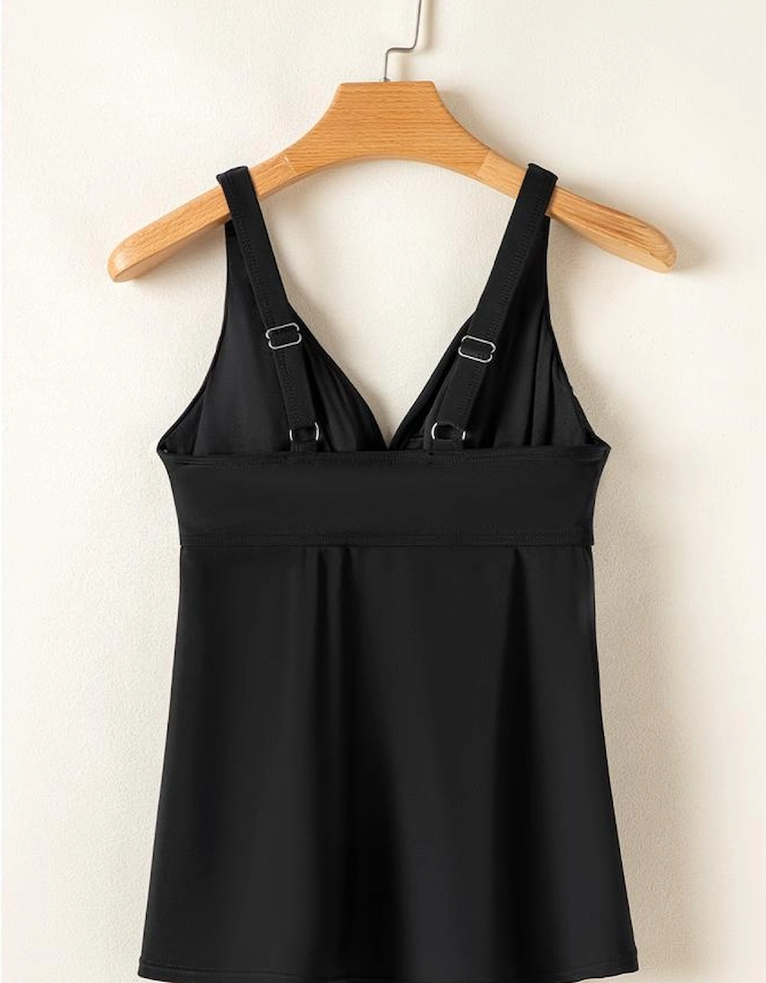 Black Crossed V Neck Adjustable Strap Babydoll Tankini Top