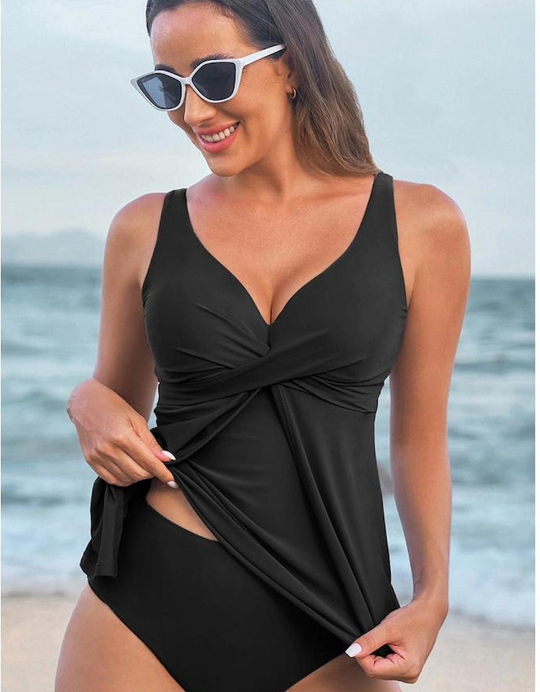 Black Crossed V Neck Adjustable Strap Babydoll Tankini Top