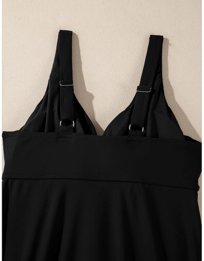 Black Crossed V Neck Adjustable Strap Babydoll Tankini Top