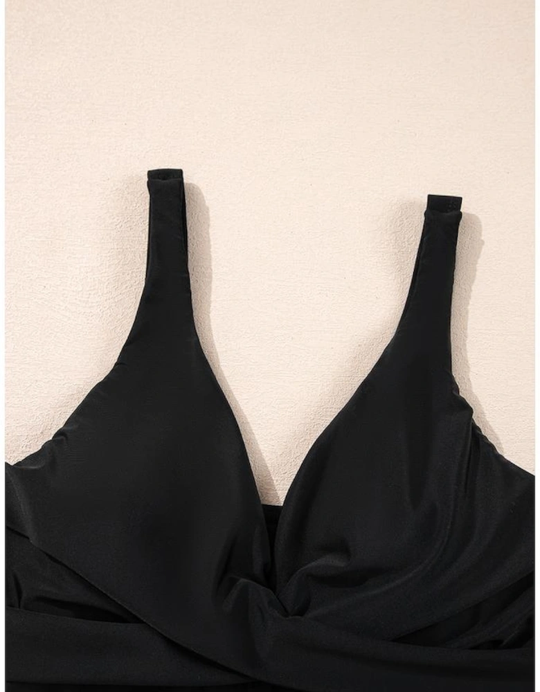 Black Crossed V Neck Adjustable Strap Babydoll Tankini Top