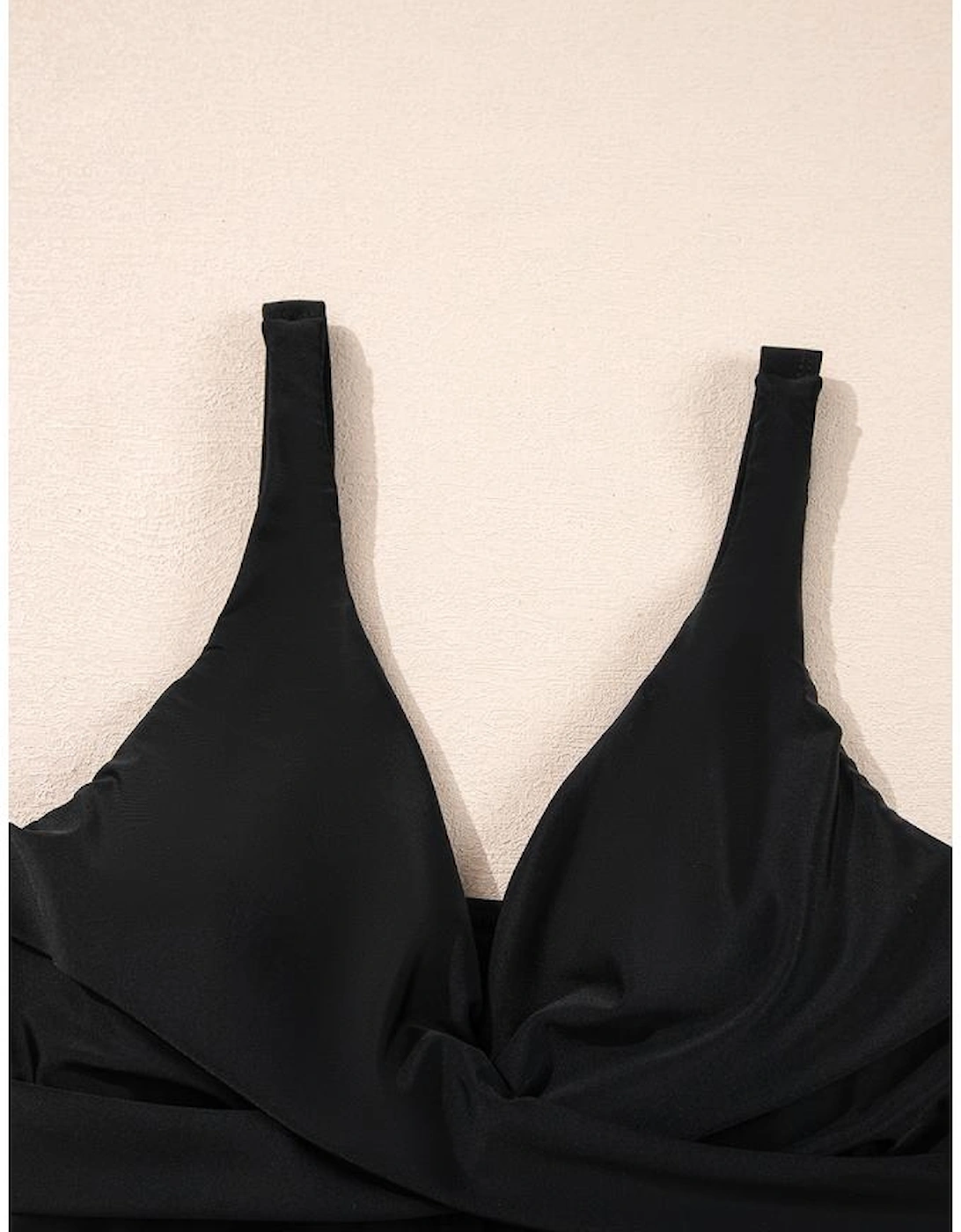 Black Crossed V Neck Adjustable Strap Babydoll Tankini Top