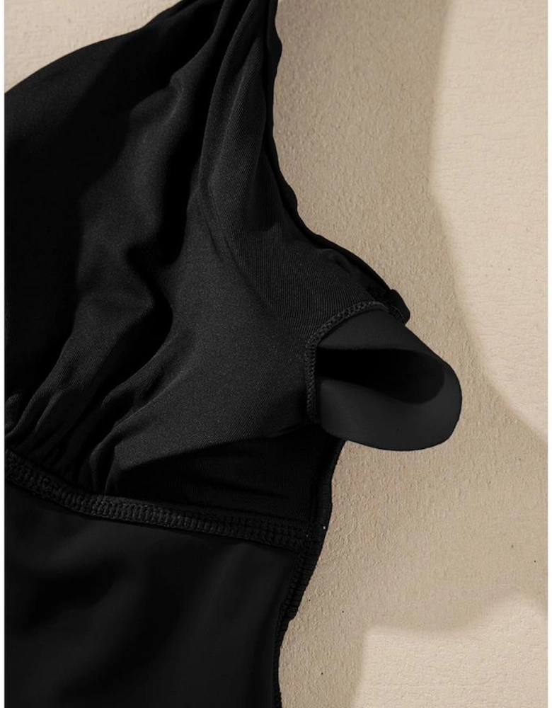 Black Crossed V Neck Adjustable Strap Babydoll Tankini Top